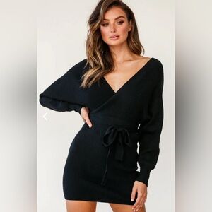 Cameo Long Batwing Sleeve Knit Mini Dress Black, Size Small